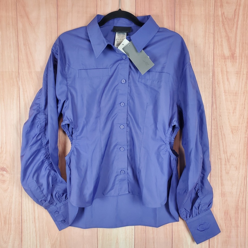 Reebok X Cardi B Shirt Women S Purple Waist Cinch Cutout Ruched Sleeve Button Up